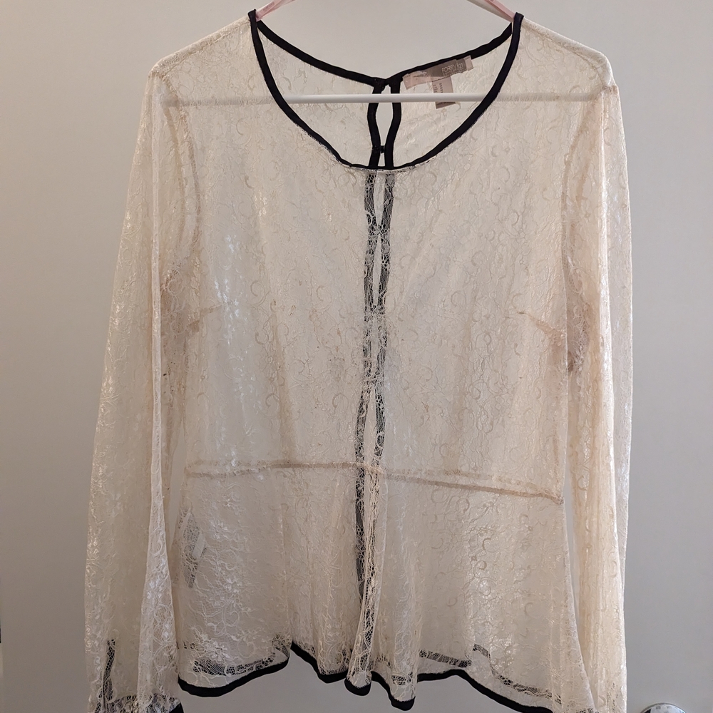 Lace Sheer Blouse with Black Trim